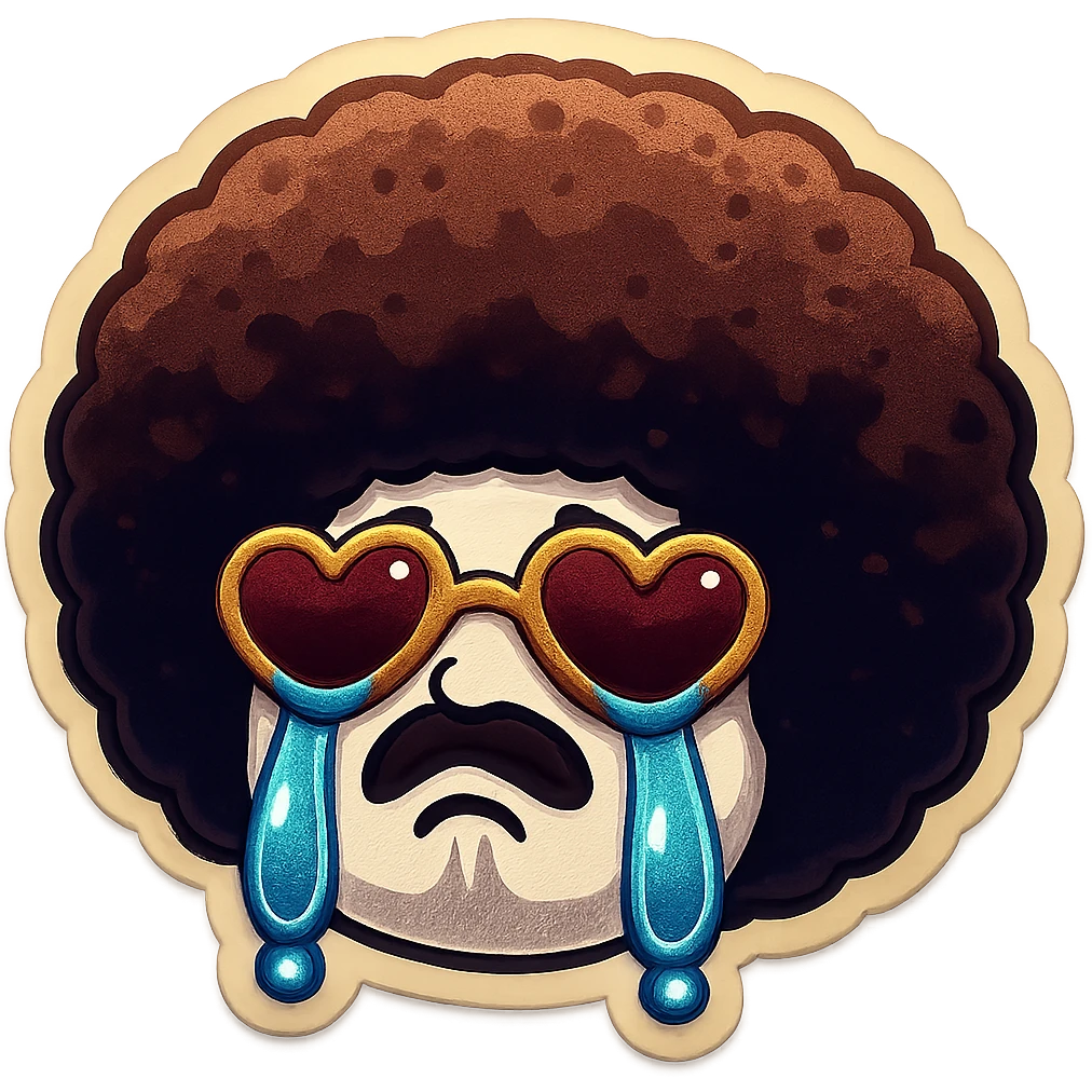 White circle face, afro, heart glasses, Crying with large tears, sobbing, lip quiver emoji