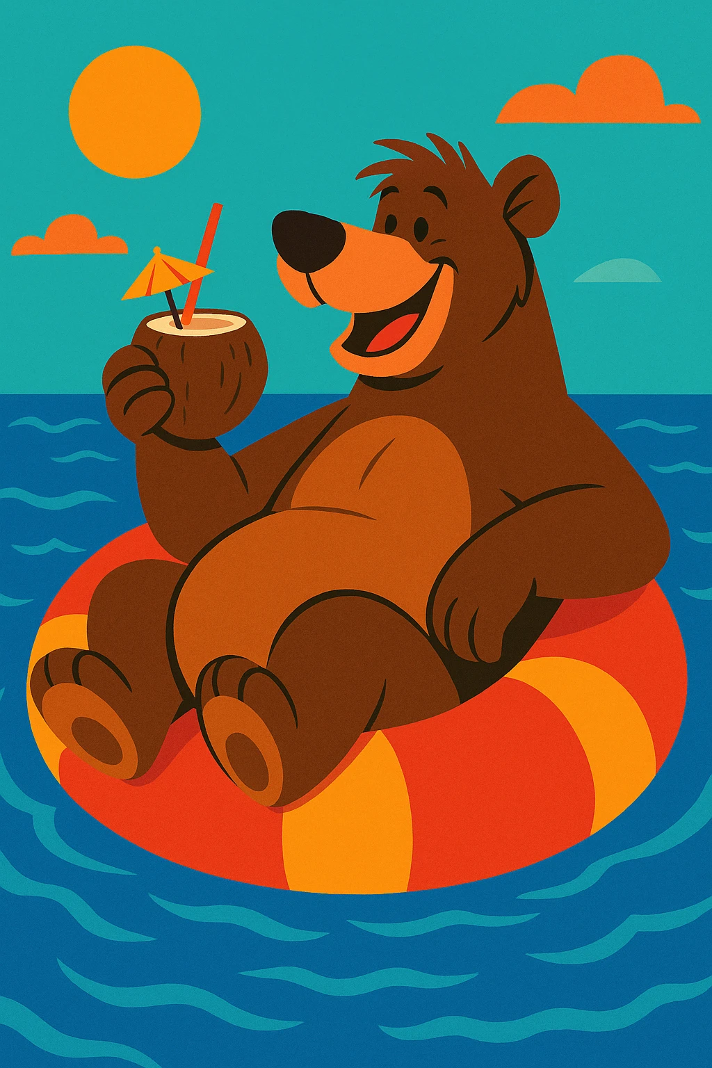 Baloo the bear floating on an inflatable in the sea, holding a coconut drink, fun vacation vibe, colorful illustration emoji