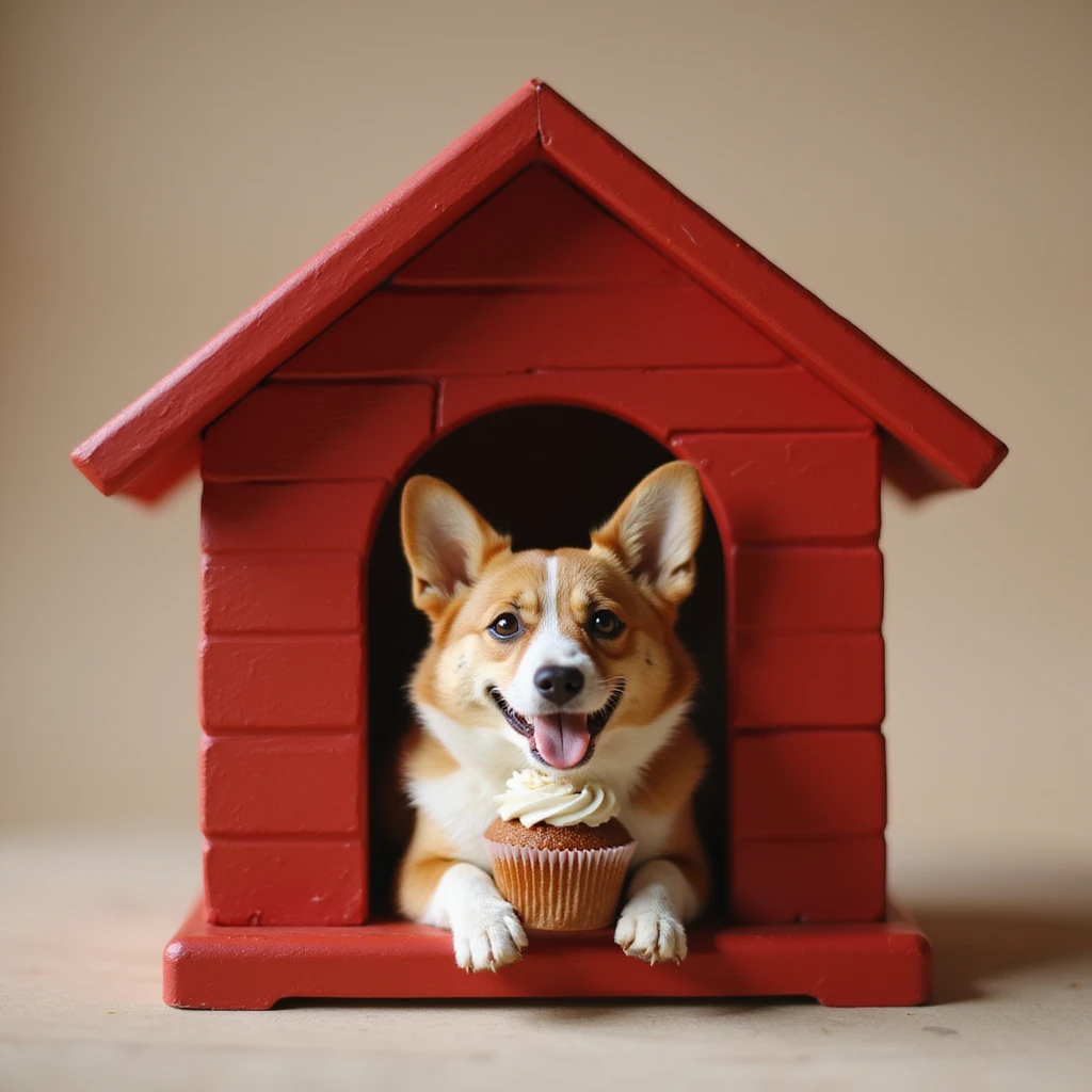 realistic red dog house with a Corgi dog inside, Corgi with a cupcake, photorealistic style emoji