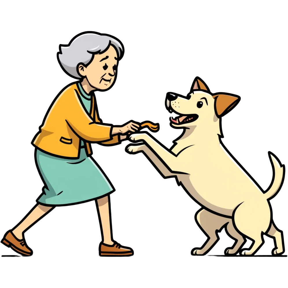 The dog bites the old woman, and she starts hitting it. emoji