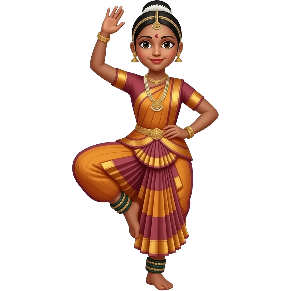 Light brown skin girl in a bharatnataym dress left hand lifting up left foot and right hand lifted up in the air a little bent in aramundi emoji