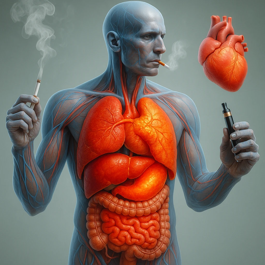 Medical illustration, hyperrealistic 4K, realistic anatomical human body, inflamed liver and intestine highlighted, holding a lit normal cigarette in the right hand and an electronic cigarette in the left hand, clear background, extremely detailed, same lighting and style as the reference image. emoji