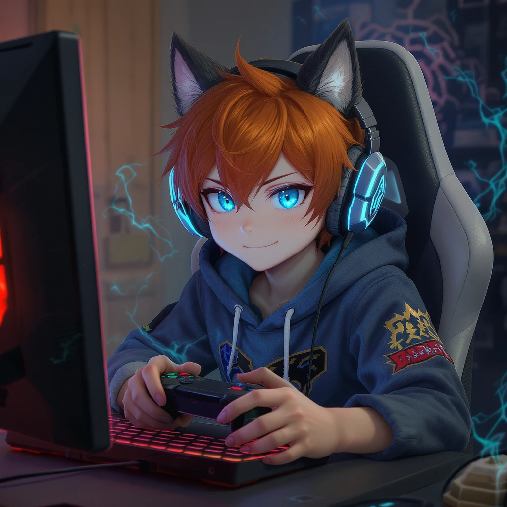 Red hair blue eye boy gaming with wolf ears emoji