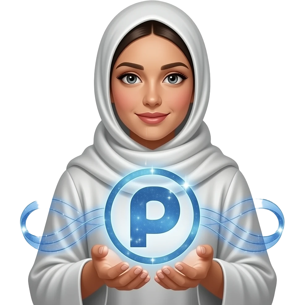 A beautiful woman in a pearl-white satin hijab holding a glowing Patreon logo made of crystalline light. Swirling trails of celestial energy and stardust surround her hands. Text: 'What do they get in?'. Isolated on white, soft pastel colors, 3D icon style, ultra-detailed emoji