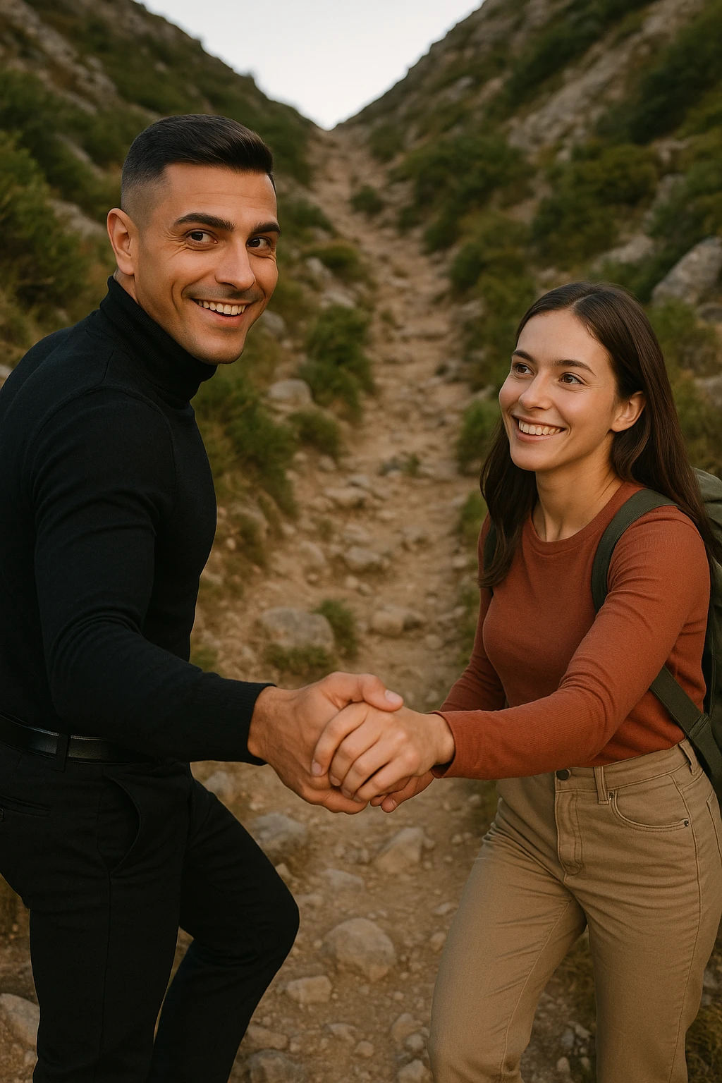 a man and woman climb a mountain trail together, the man leading but frequently looking back to ensure the woman is comfortable and supported. The woman follows with determination and a smile, symbolizing trust, encouragement, and the value of supportive leadership within a relationship. emoji