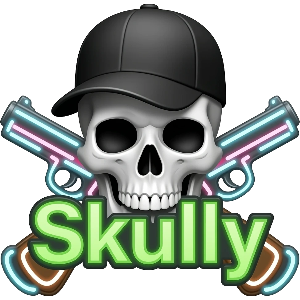 Create me a neon sign that says "Skully" in green with a skull and cross pistols behind it, (the skull and pistols are neon white, grey, and assorted colors) the skull also has black shades and a baseball cap thats black emoji