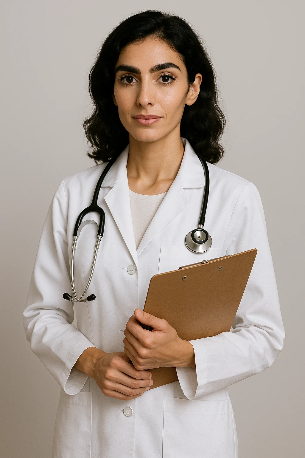 Arab doctor, 46 kg, 173 cm, medium black-brown hair, black eyes with long lashes and thick eyebrows, beautiful mouth, defined facial bone structure, prominent cheekbones, chin with a dimple (غمازة ذقن), wearing medical attire, holding a clipboard, elegant and professional emoji