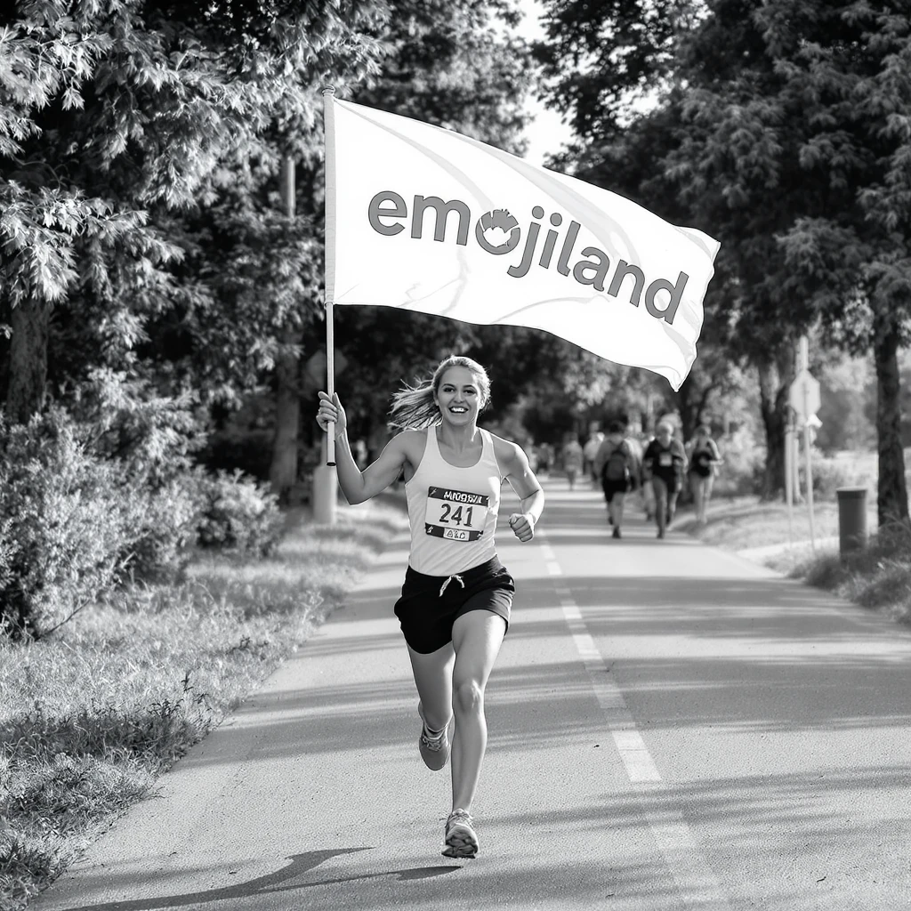happy runner waving a flag that says 'emojiland' emoji