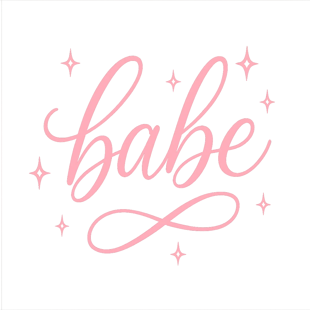 the word 'babe' in elegant pink script with sparkles, no background emoji