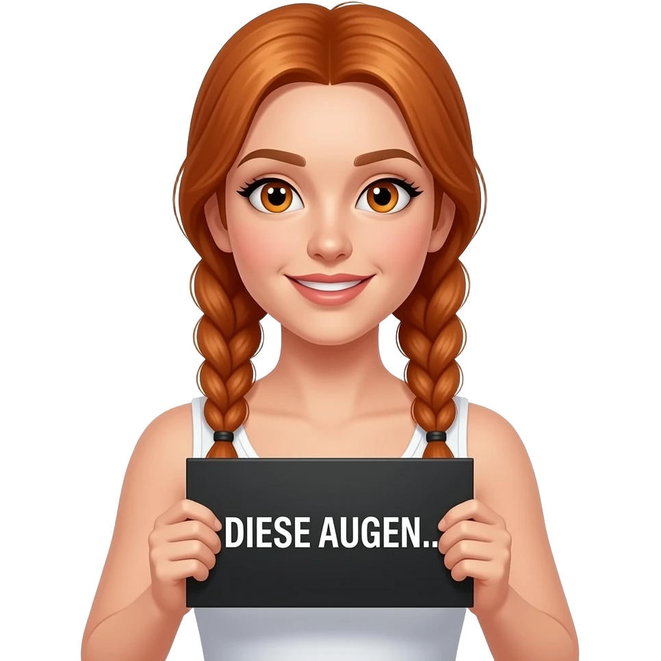 sexy girl with long ginger braids and ginger eyes wearing a white tanktop is holding a black sign with DIESE AUGEN... written on it emoji