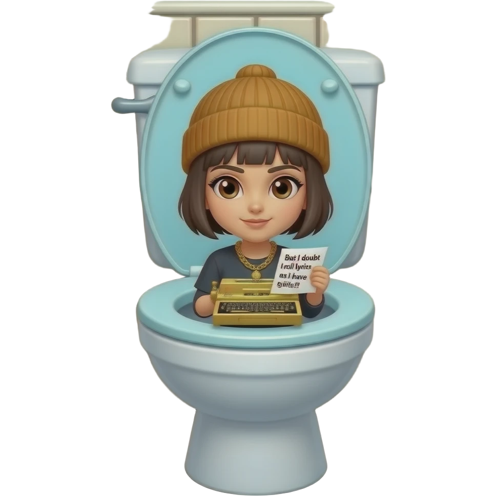 Turbo the sentient toilet with a clear tank sits in an old tiled roo.. Inside the toilet tank is a tomgirl with short boyish hair, a beanie, and brown eyes rapping and wearing a golden stenography machine as a necklace. On her paper are the lyrics: "But I doubt I roll lyrics as I have to girls!!"
 emoji