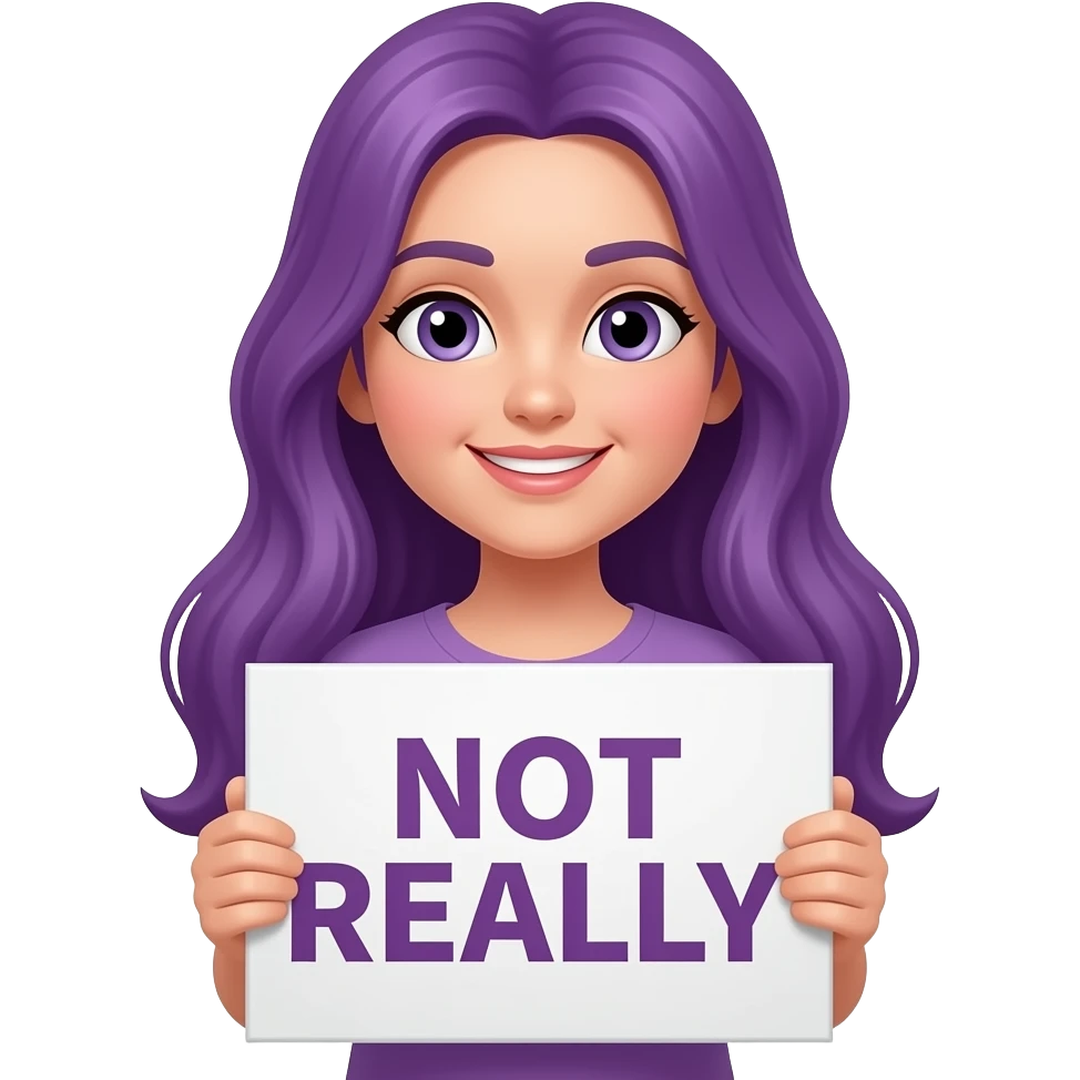 girl with long purple hair holding a NOT REALLY sign emoji