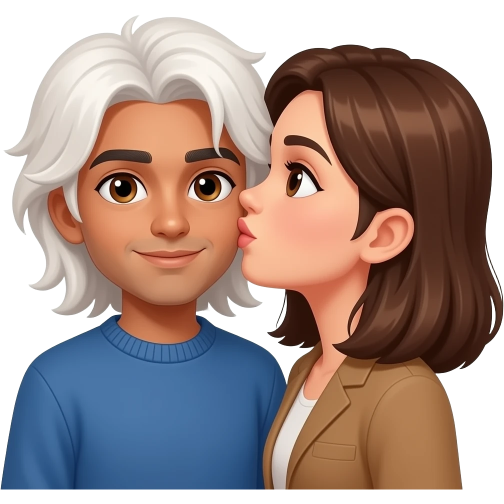 Brown Pakistani boy with no facial hair, long white shoulder-length hair, wearing a blue sweater, and a tan-toned young woman with almond shaped hazel eyes and shoulder-length brown hair are kissing emoji