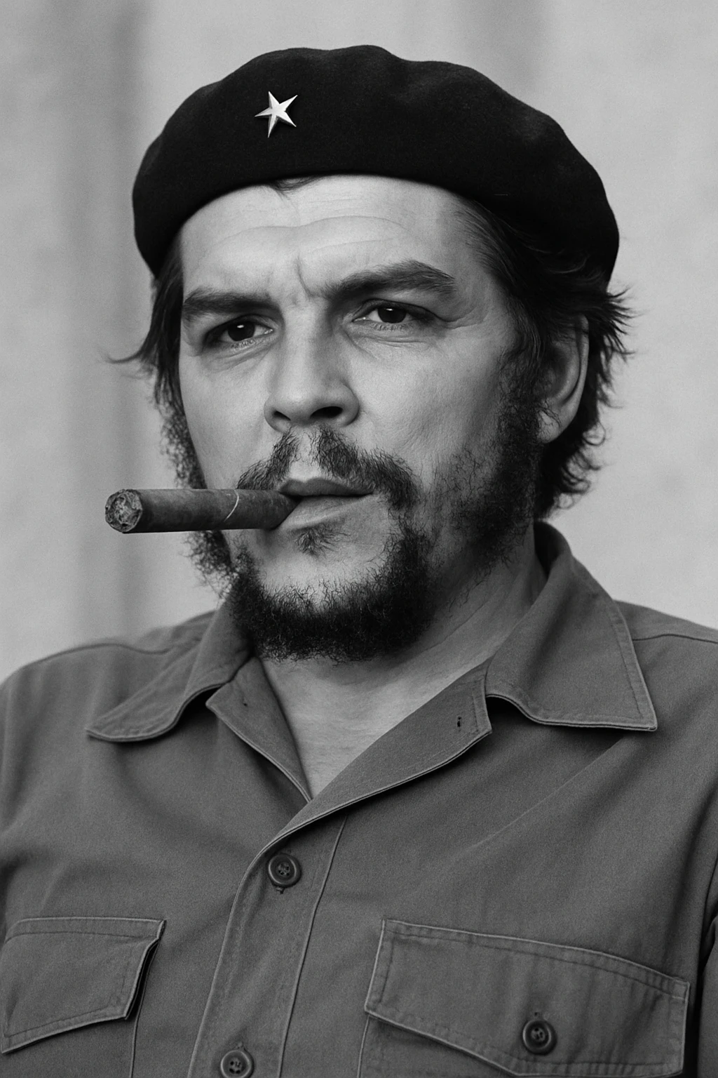 Сгенерируй мне в такой же позе и в такой же одежде Че Гевара и с сигарой в зубах, без надписей и слов emoji