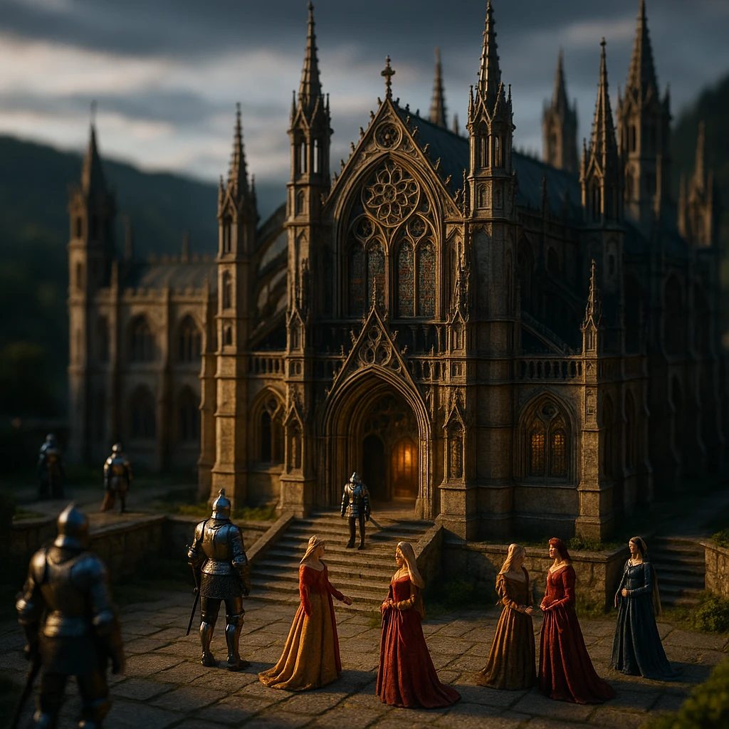 highly detailed 3D tilt-shift model of a medieval Gothic palace with knights and beautiful ladies, dramatic cinematic lighting, epic mood, blurred natural landscape background emoji