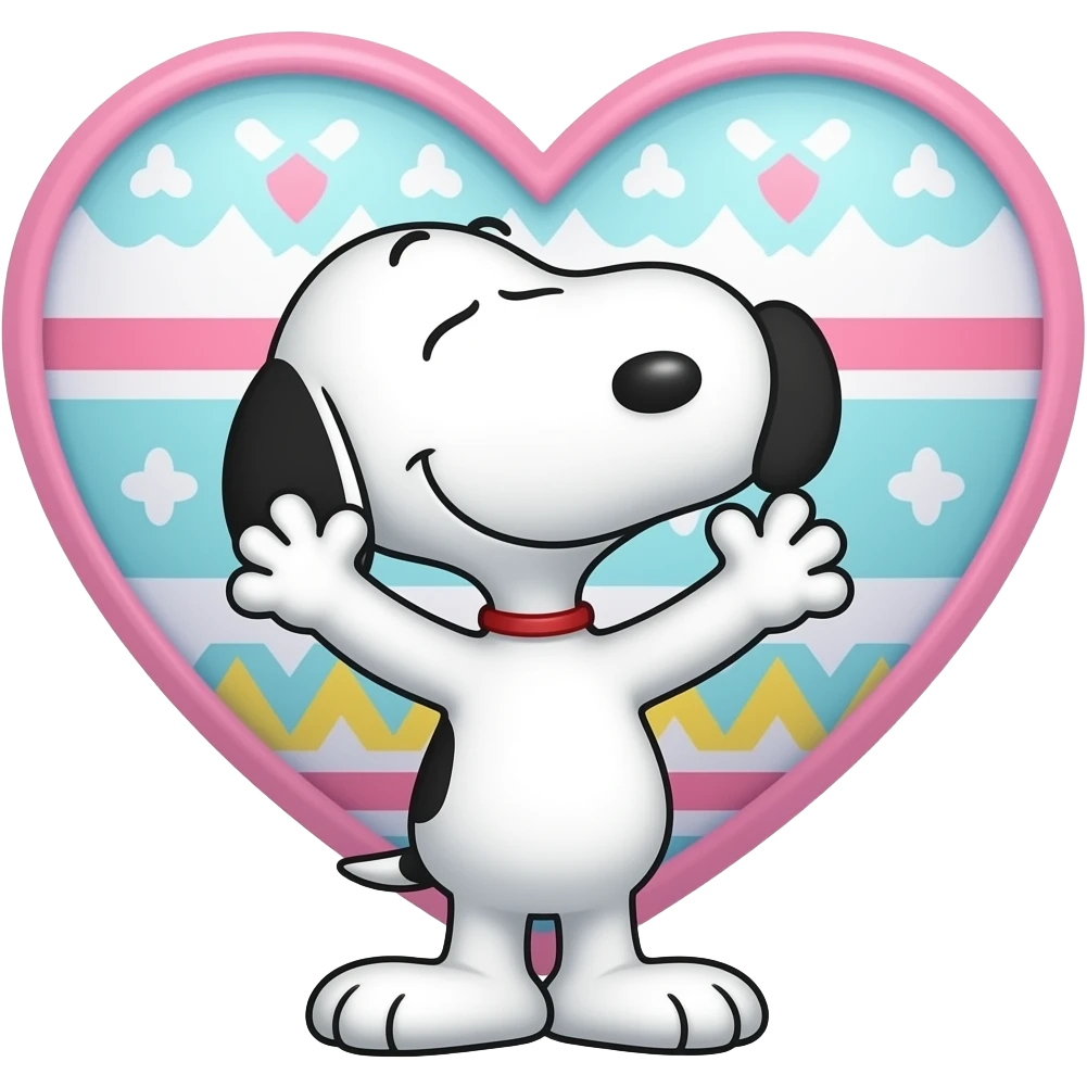 Snoopy dog with arms up holding a big heart with easter design inside emoji