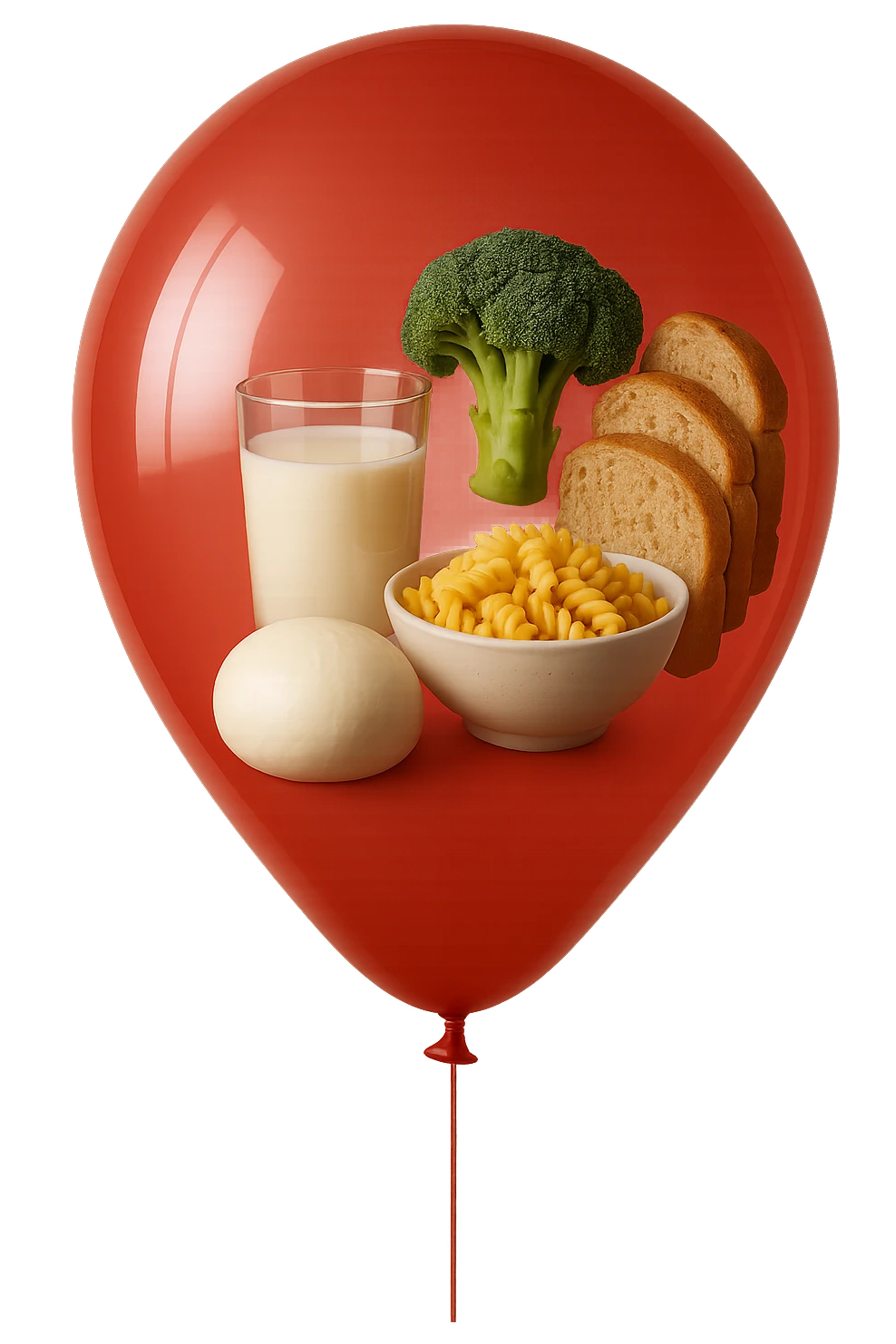 PALLONCINO ROSSO CON DENTRO UNA MOZZARELLA, UN BICCHIERE DI LATTE, UNA BOWL DI PASTA, QUALCHE BROCCOLO, QUALCHE FETTINA DI PANE emoji
