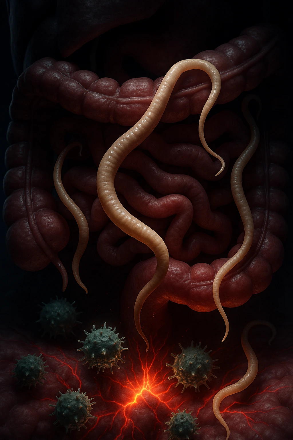 Vertical, cinematic, realistic image showing intestinal parasites in the gut and the immune system attacking healthy tissues in the body, illustrating the link to autoimmune diseases. Dramatic clinical light, 2:3 aspect ratio. emoji