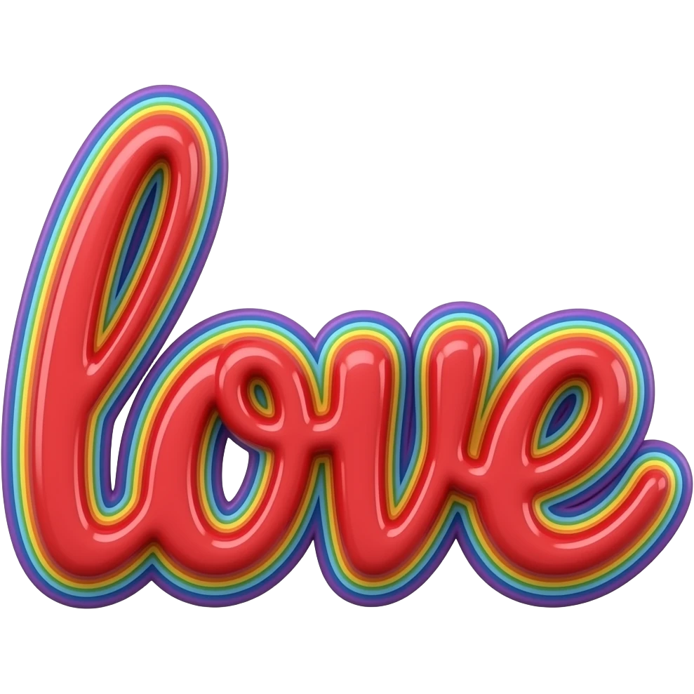 name "love" in red, 3D style typography lettering, each color of the rainbow as a border outlined around each letter, isolated, 3d rendering, no emoji icons no emoji faces and must have no human figures emoji