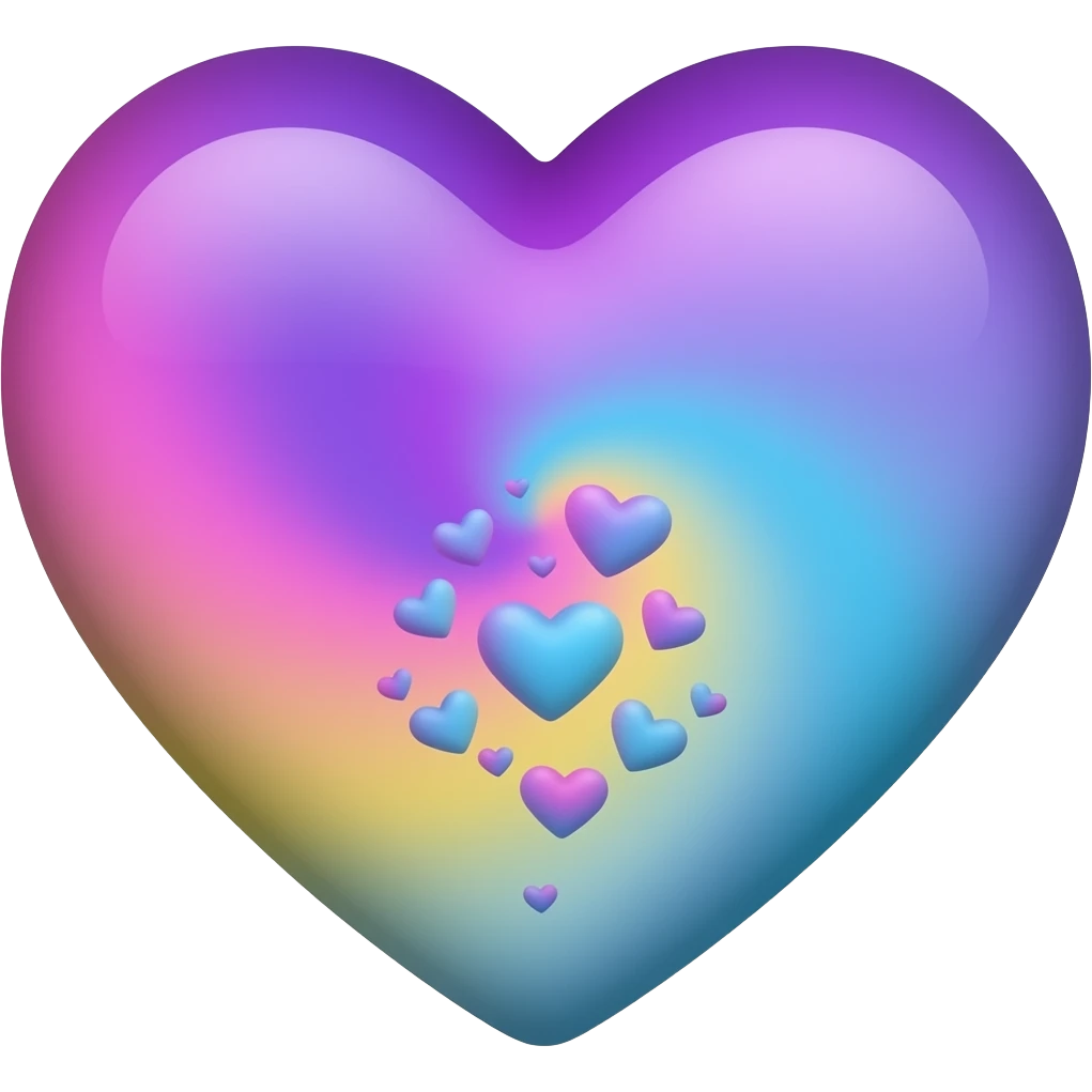 Purple, pink, blue, yellow swirl in a big with smaller hearts the same colors rising up from the big heart emoji