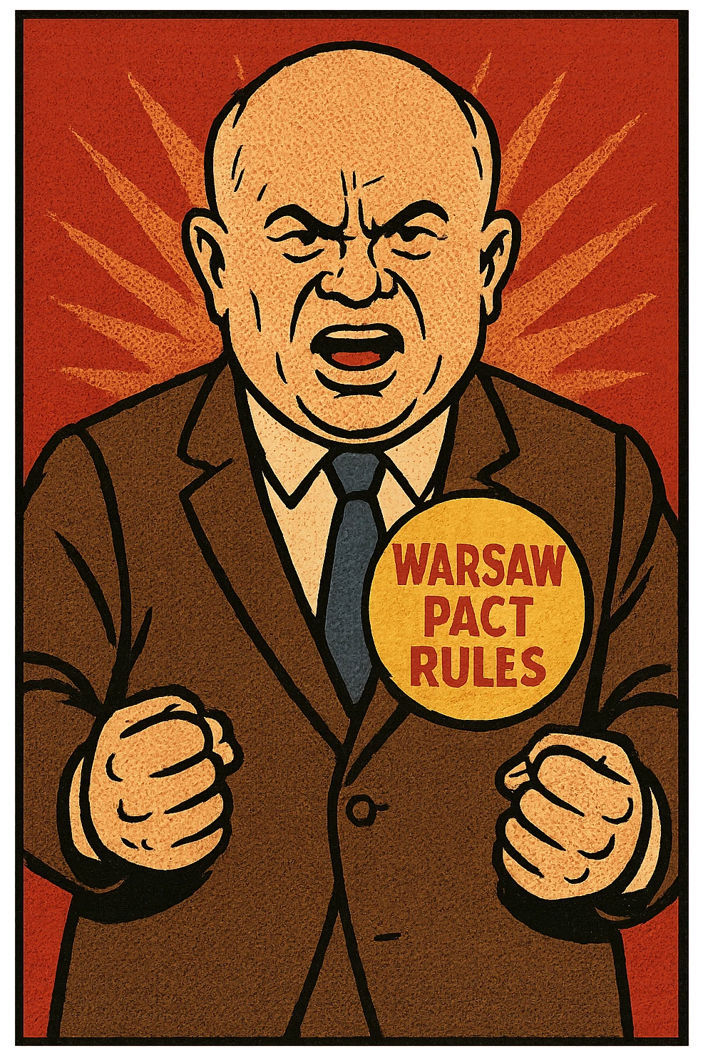 Soviet leader Khrushchev looking aggressive clenching his fists by his side wearing a large badge which says 'Warsaw Pact Rules' emoji