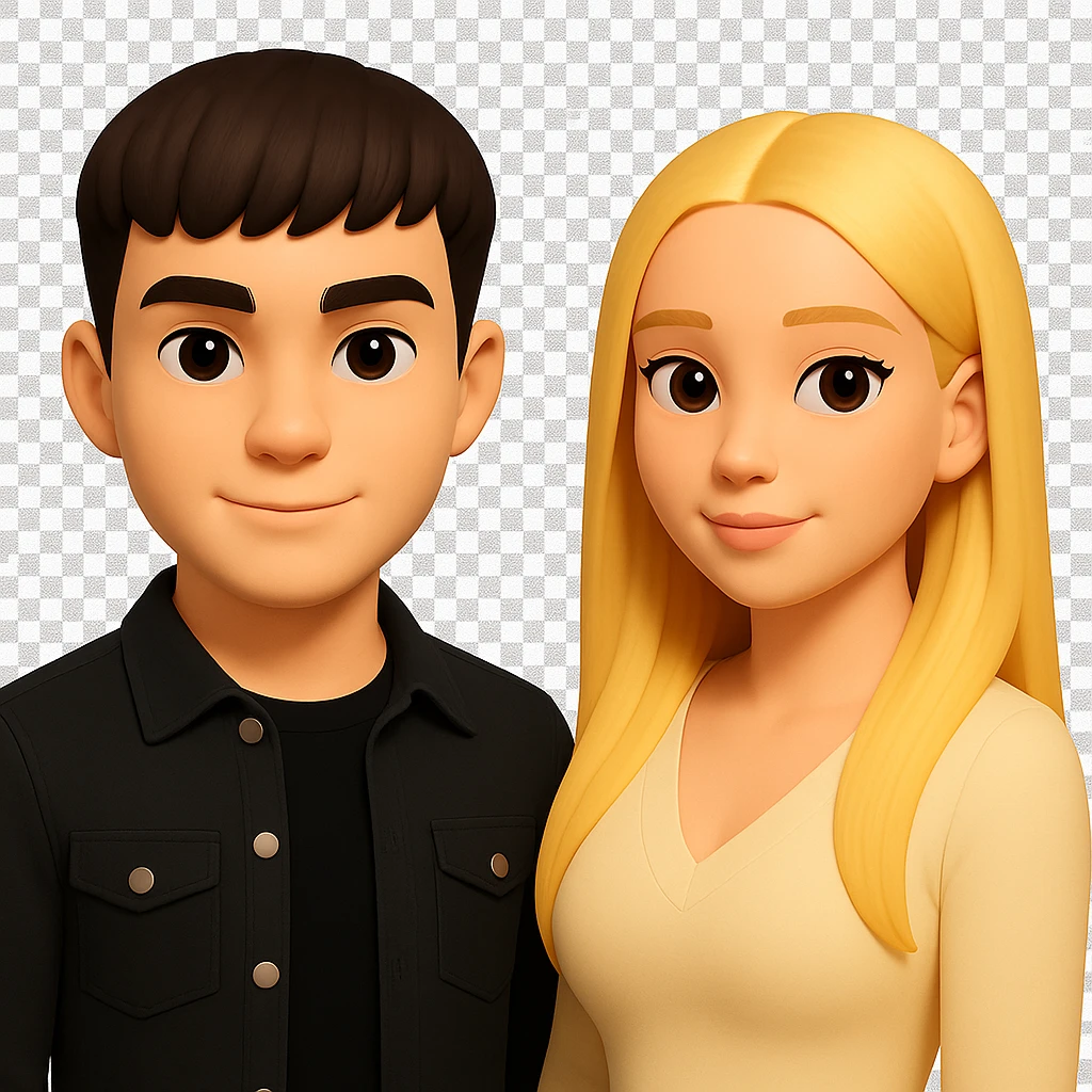 Slightly increase the volume of the upper body of the girl, separate the girl and the boy from each other, make the skin color the same for both characters. Maintain the cartoonish 3D style. Keep the background transparent. emoji
