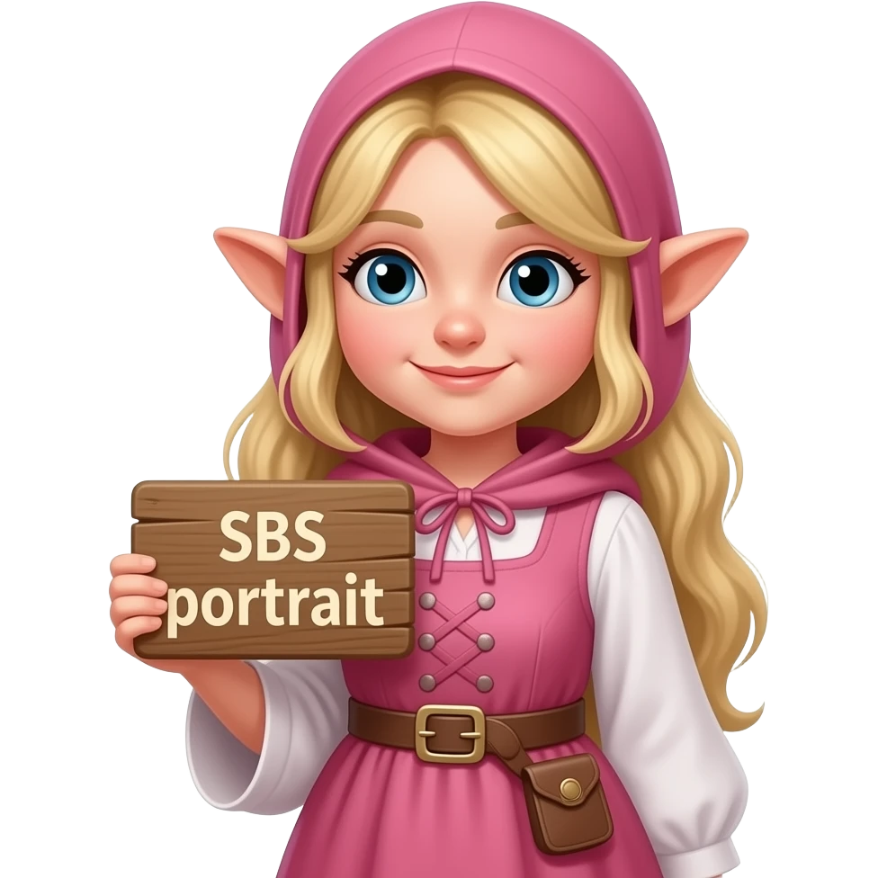 Gnomo feminina . Loira , com capuz rosa , orelhas de gnomo também. Outfit de vestido rosa também estilo rústico. Quero que ela tenha uma placa de madeira a dizer SBS emoji