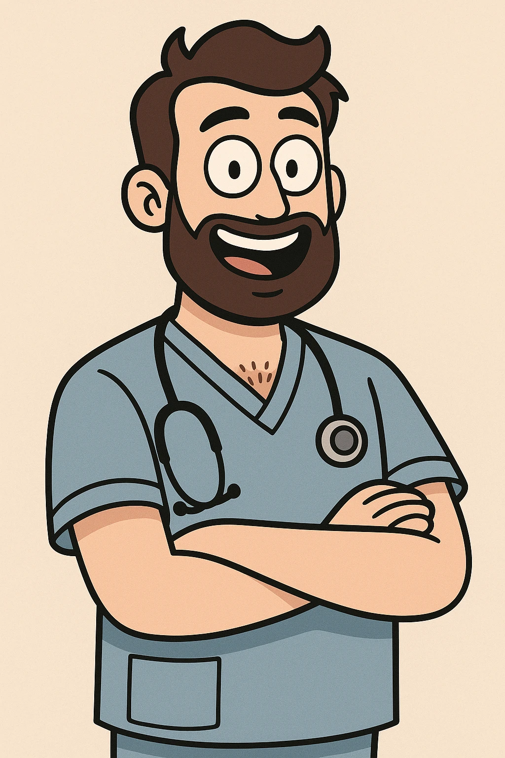 doctor, male, beard, stethoscope, blue scrubs, cheerful, cartoon style emoji