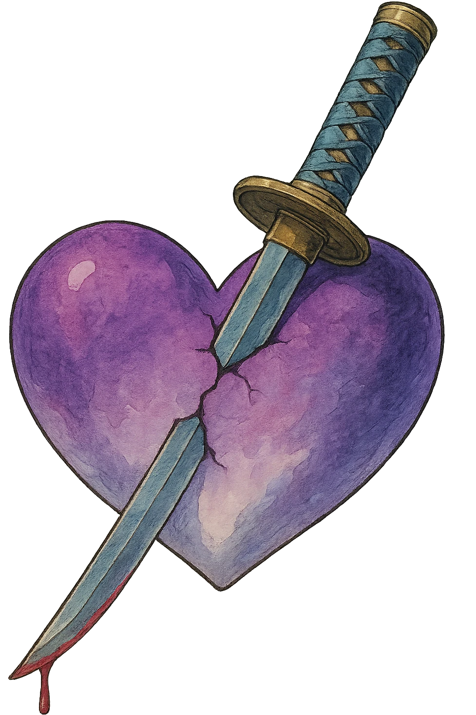 purple and white heart with a katana sword piercing through the center, ghibli style emoji