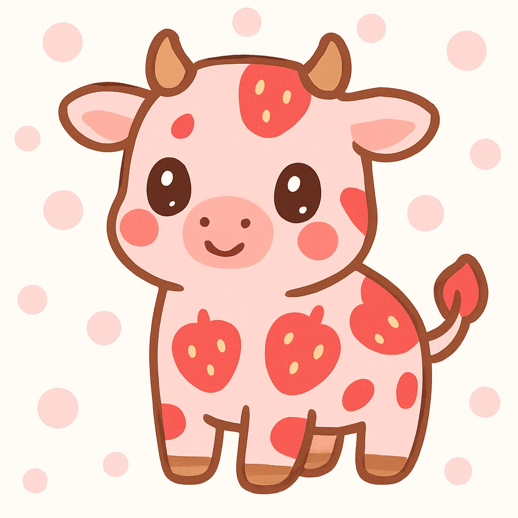 cute strawberry cow, kawaii style, pink and red, cartoonish, big eyes, with strawberry spots emoji
