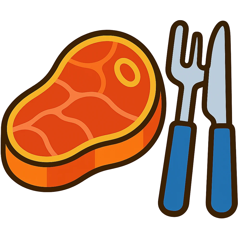 Add a fork and knife next to the steak, keeping the vibrant toon style, with no background. emoji