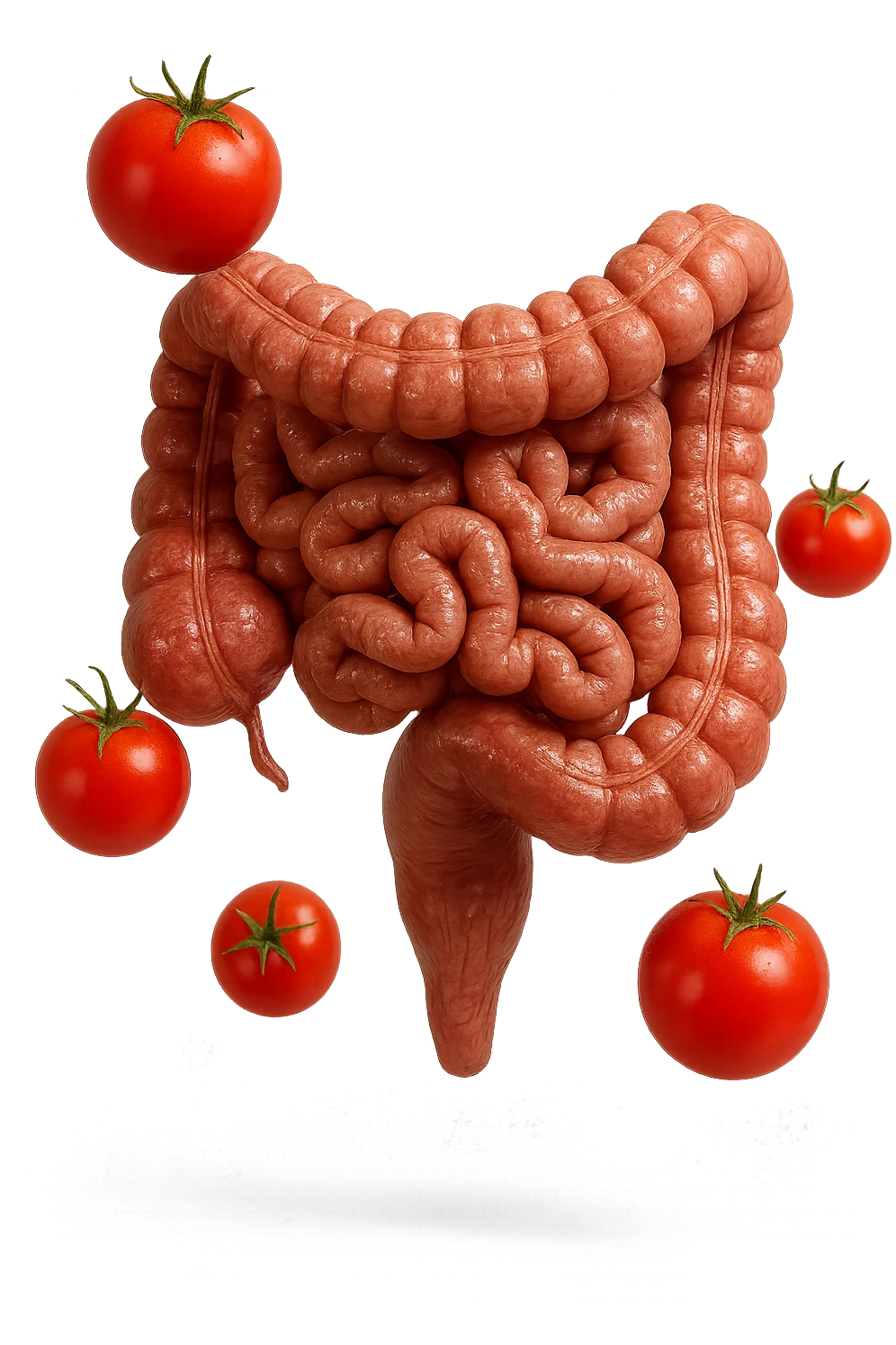 intestino umano anatomico con pomodori che gli fluttuano intorno, iperrealistico 4k emoji