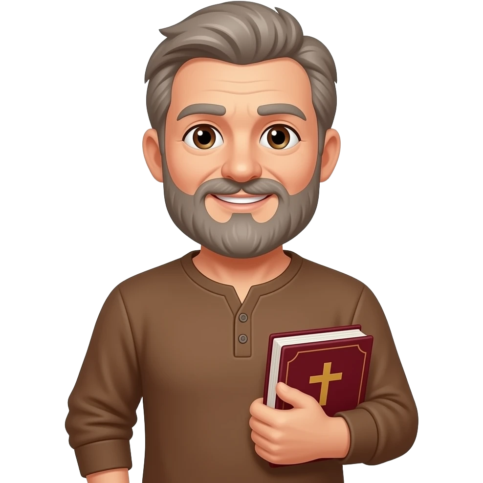 wise old man with grey brown hair and beard brown long sleeve henley slight smile brown eyes with burgundy book with cross on it emoji