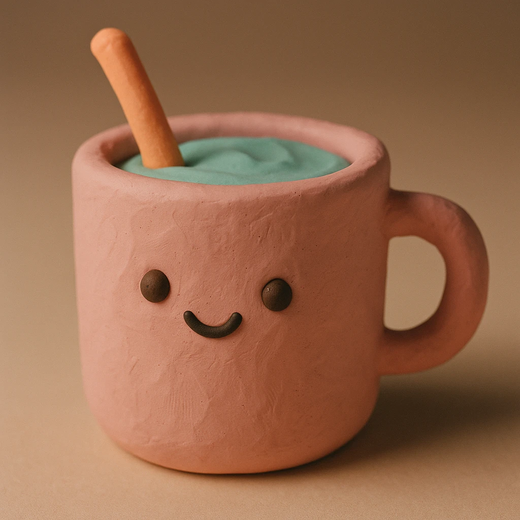 claymation style drink with a cute face and visible texture emoji