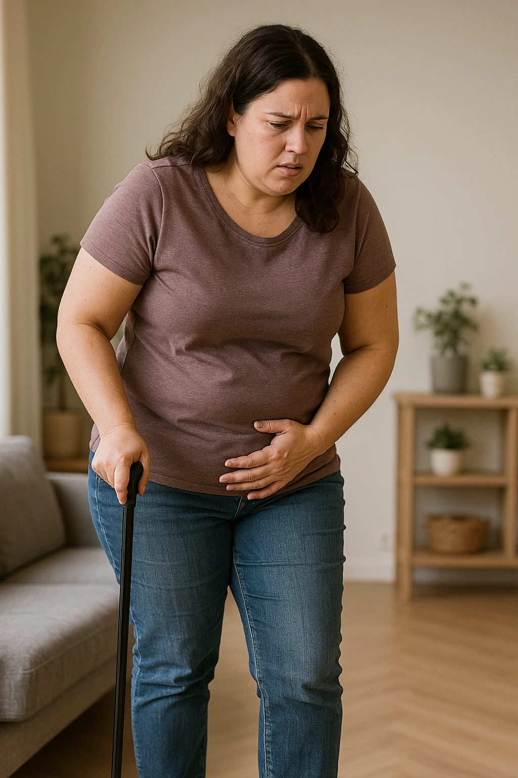 Donna con problemi difficoltà nella deambulazione a causa della sua PCOS, immagine realistica emoji