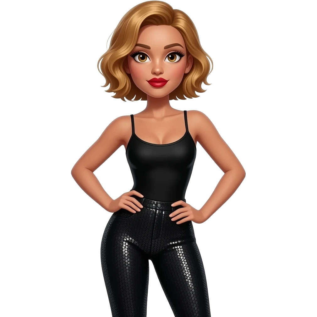 glamours,-tanned,-very-beautiful-woman-with-big-plump-red-lips,-long-long-lashes,-honey-silky-very short- hair,-wavy-hair,-hazel-eyes- wearing-black-bodysuit-and-black-sequinned-pants-black-stilettos-and-arms-shrugging-waist-up emoji