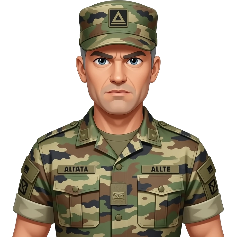 white sergeant character with gray hair. In an urban pattern uniform and urban pattern hat, army shirt. The character should have an intense expression. full torso and arms emoji