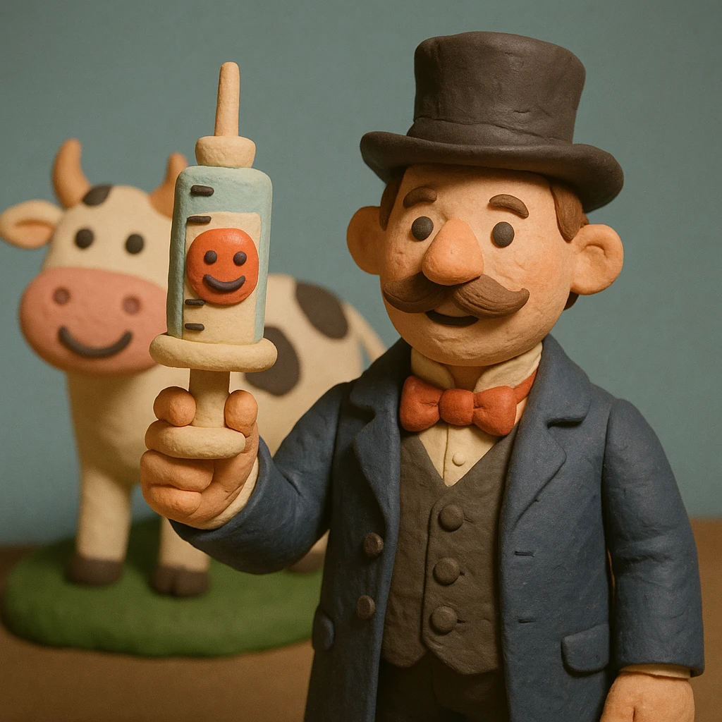 A Victorian doctor holding up a vaccination with a smiling face with a cartoon happy cow in the background emoji