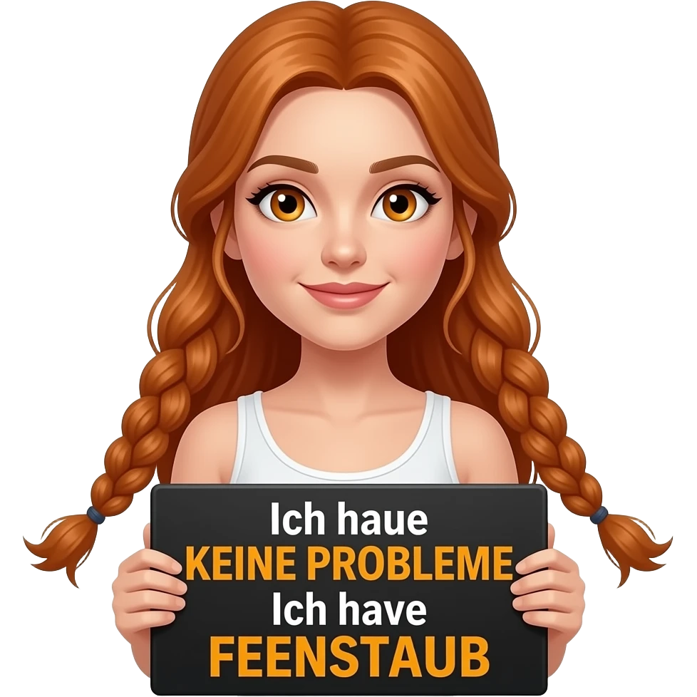 sexy girl with long ginger braids and ginger eyes wearing a white tanktop holds a black sign with Ich habe KEINE PROBLEME Ich habe FEENSTAUB written on it emoji
