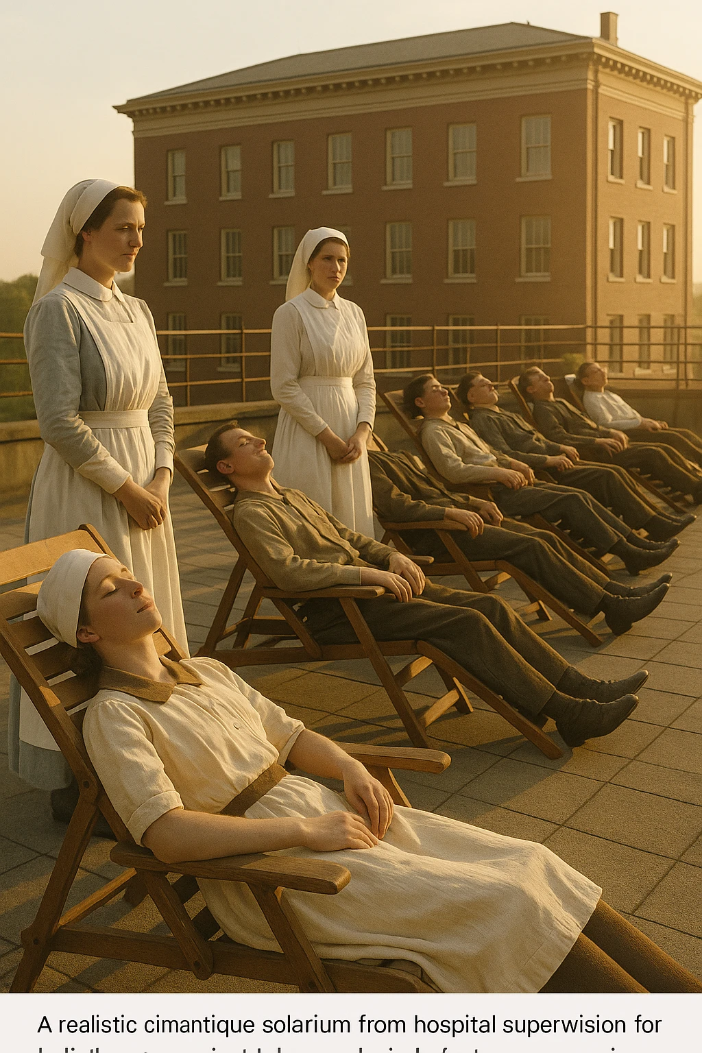 A realistic cinematic image of a hospital rooftop solarium from the 1900s, patients sunbathing under nurse supervision for heliotherapy against tuberculosis and rickets.” emoji