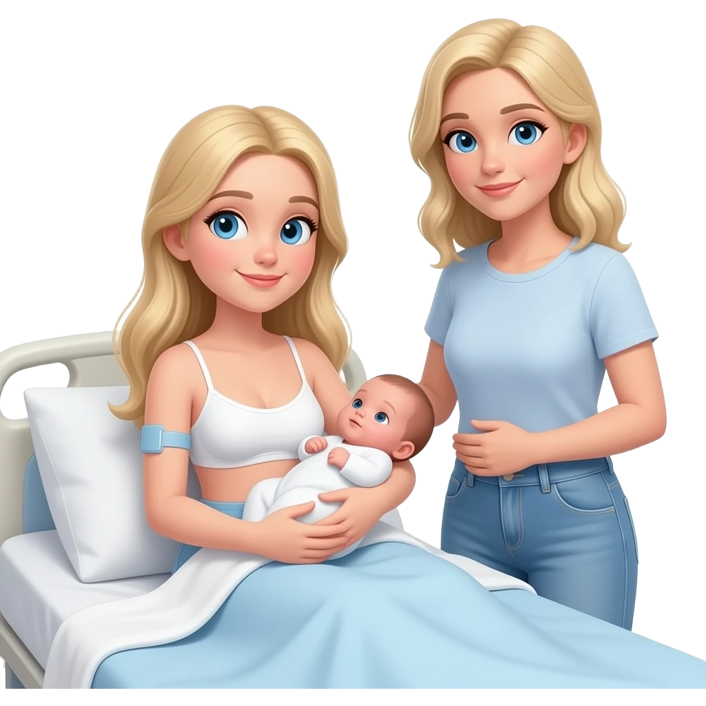 in hospital bed in blanket 17 year old Woman with long blonde hair, and light blue eyes, wearing white bra and light blue baggy jeans with skinny body, holding newborn girl, with 38 year old mom with blonde hair and blue eyes holding baby girl on the waist with one arm, standing beside bed emoji