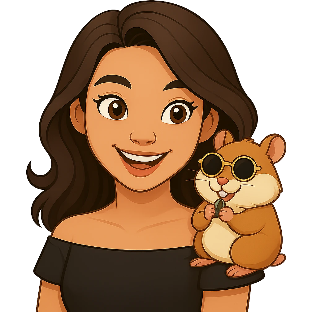 Remove the background and make it transparent. Keep the woman and her hamster with heart-shaped sunglasses as the focus, maintaining a modern, clean, warm style. emoji