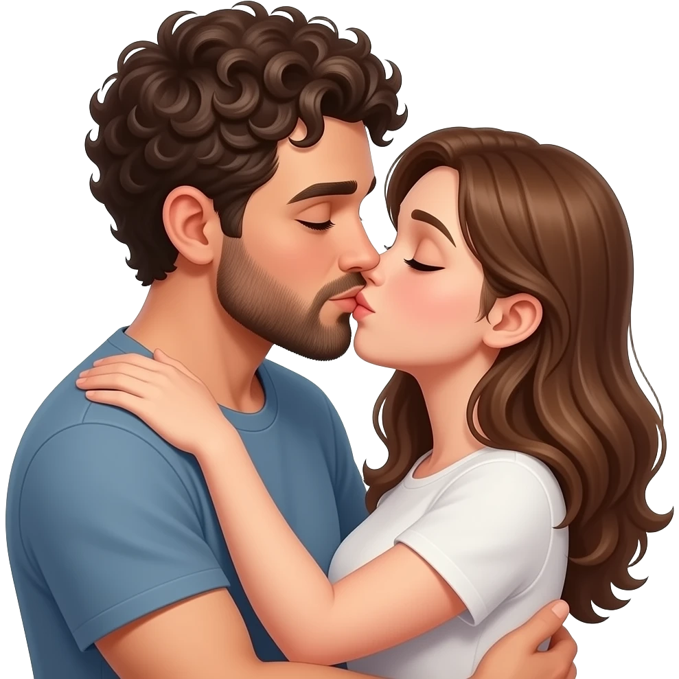 Realistic white man super short curly brown hair with beard kissing passionately and hugging realistic white girl brown hair emoji