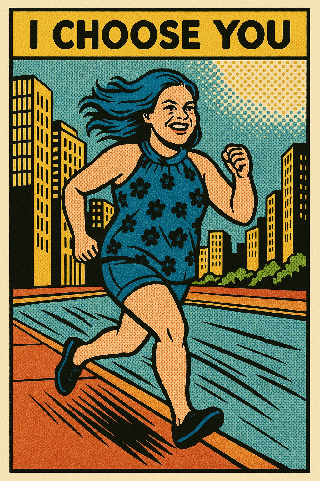Woman with blue hair running in a city emoji