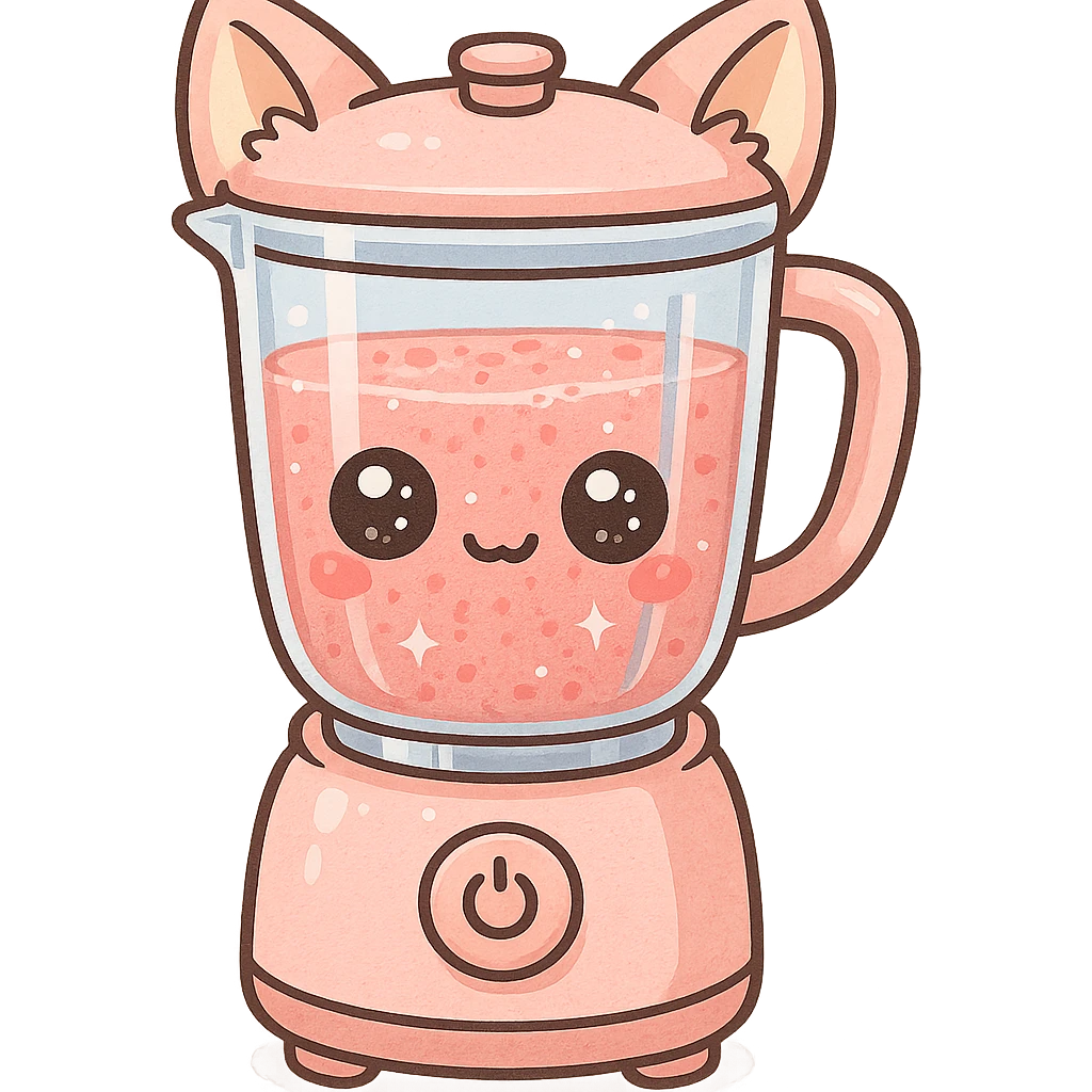 full-body kawaii pastel pink blender with fox features, transparent body filled with fruity smoothie, sparkling eyes, transparent background emoji