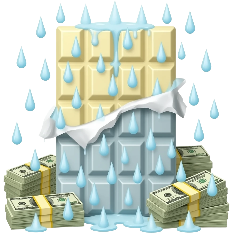 Tableta de chocolate blanco que le caen en forma de lluvia billetes emoji