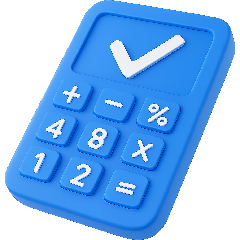Change the calculator and check mark to a 3D blue style, keep the arrangement the same, with no background. emoji