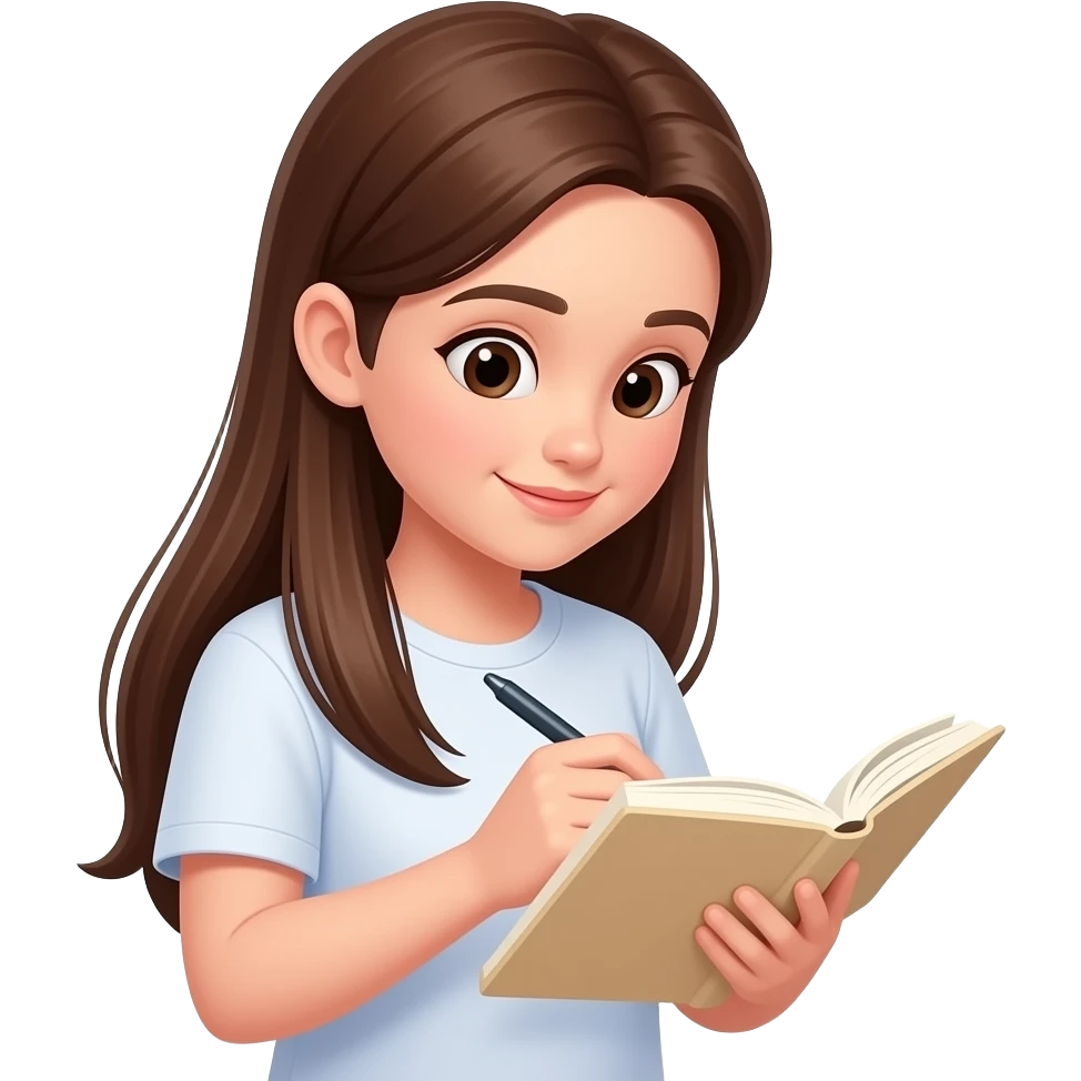 girl with long straight brown hair writing in a light beige journal emoji
