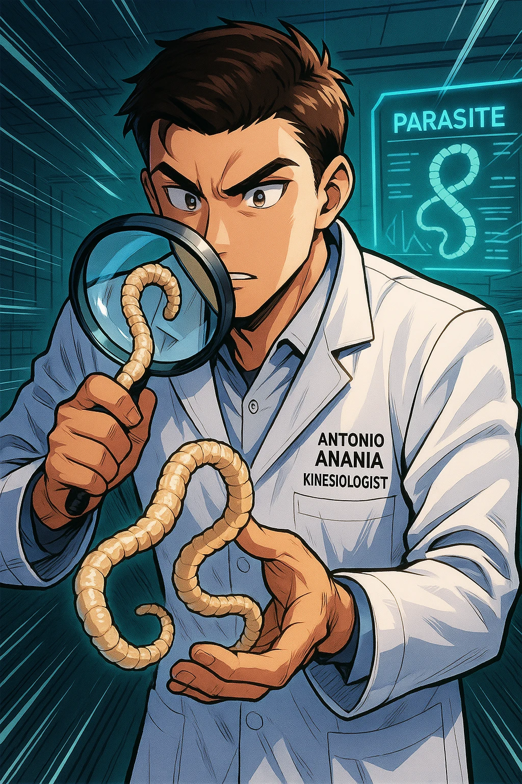 A dynamic manga/webtoon-style illustration of a young male kinesiologist wearing a clean white lab coat, analyzing light beige worms like a tapeworm under a magnifying glass. His expression is focused and slightly intrigued, with sharp, detailed eyes. The art style is vibrant, with bold linework, rich colors, and dramatic lighting. The background is a futuristic laboratory with glowing holographic screens displaying parasite data. The tapeworm is intricately drawn, slimy and segmented, with a slightly exaggerated yet realistic texture. The composition is dynamic, with motion lines or energy effects to emphasize his scientific investigation. The atmosphere is intense but not dark, keeping a balance between scientific seriousness and stylish manga aesthetics, he has "ANTONIO ANANIA" WRITTEN ON WHITE LAB COAT emoji