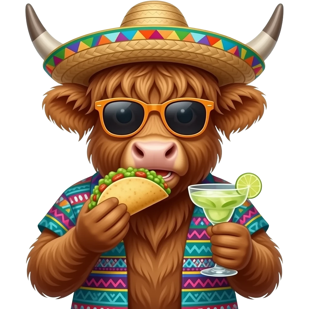 animated highland cow eating tacos and guacamole,wearing a pancho sunglasses and sombrero drinking a margarita emoji